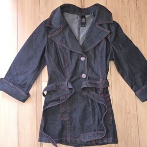 Bisou Bisou Jean Jacket with Wide Lapel Collar and Belt Size Medium